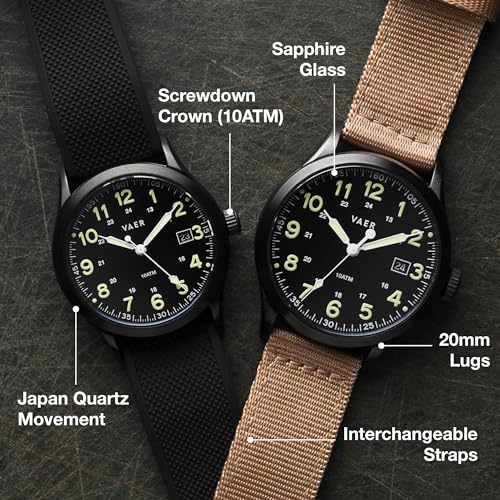 Vaer Men’s Field Watch, Quartz Movement for Accurate Timing, Scratch Resistant Sapphire Crystal, Locking Screw-Down Crown, Iconic Replica of The A-11 Military Watch for Men of WW22