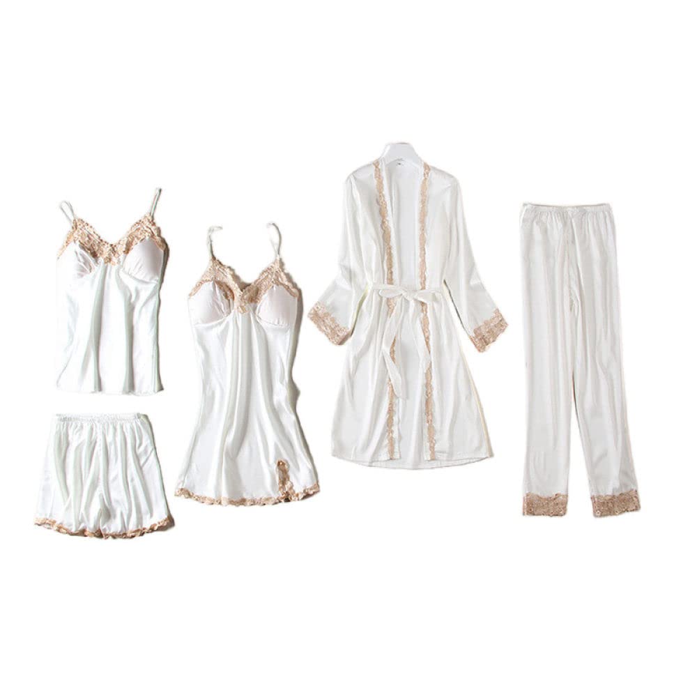 Pigiama Raso Donna,Accappatoio Kimono In Raso Da Sette Pezzi Bordo Fiori In Pizzo Vintage Scollo A V Vestaglia Bianca Pigiama Con Lacci Completo Babydoll Da Corte Elegante Vestaglia Da Sposa Bademan