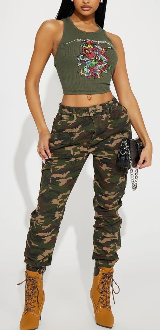 Women's Camo Cargo Jogger Pants – Slim Fit Army High Waisted Fatigue Elastic Waistband Camouflage Y2K Sweatpants - Image 3