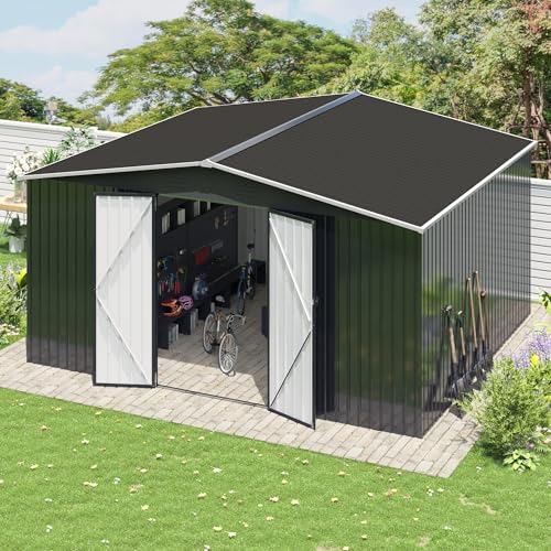 Image of Polar Aurora 12x14 FT Outdoor Storage Shed Black | Garden Shed with Updated Frame Structure and Lockable Doors, Metal Tool Sheds for Backyard Garden Patio Lawn