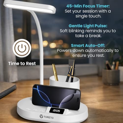 Image of Toreto London Smart LED Desk Lamp with Digital Clock, 45-Min Timer, 3 Light Modes, Detachable Pen Holder, Touch Control, Type-C Charging, ABS Body (White)