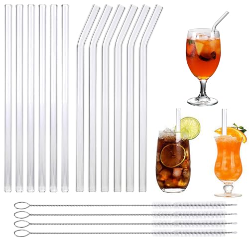Paille en Verre 16 Pcs de Pailles Réutilisable (6 Droites + 6 Courbées) 21.5cm avec 2 Brosses de Nettoyage Paille Reutilisable Verre Transparente pour Bubble Tea Cocktails Café Smoothies Jus