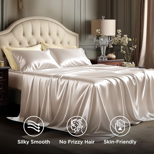 Image of Bedsure Beige Satin Sheets Queen Size, Soft Silky Bedsheet for Hair & Skin