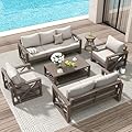 Amopatio Aluminum Patio Furniture Set, 8 Pieces Modern Metal Outdoor Furniture, Faux Wood Grain Finish Frame Patio Sofa Sets with 6" Cushion for Backyard, Beige (Included Waterproof Covers)