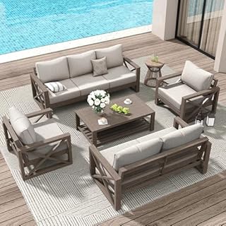 Amopatio Aluminum Patio Furniture Set, 8 Pieces Modern Metal Outdoor Furniture, Faux Wood Grain Finish Frame Patio Sofa Sets with 6" Cushion for Backyard, Beige (Included Waterproof Covers)