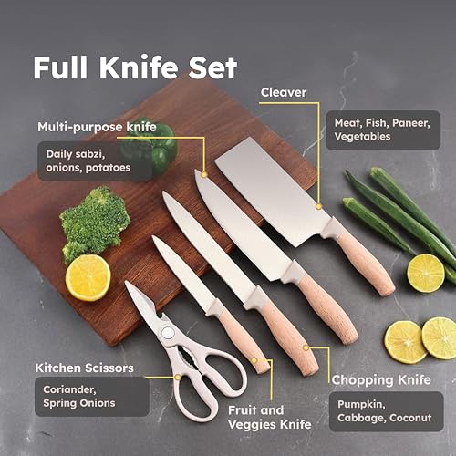 Image of Homero 6-Piece Luxury Wooden Coating Kitchen Knife Set, Brown | Chef, Cleaver, Bread, Utility & Fruit Knives, Acrylic Stand, Non-Stick, Durable