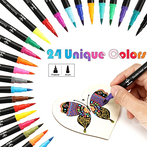 Mitoymia 24 Dual Tip Colouring pens,Colouring Books for Felt Tips for Adults, coloured drawing brush pens art pens Set markers