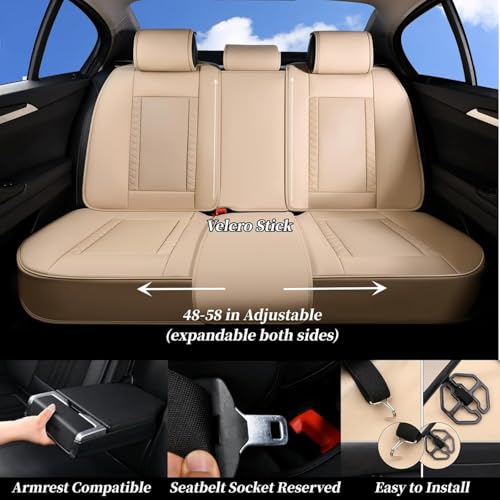 Image of Coverado Car Seat Covers Full Set, Leather Seat Coversfor Cars, Front and Back Seat Covers, Waterproof Car Seat Protectors Car Seat Cushions Universal for Most Vehicles, Beige