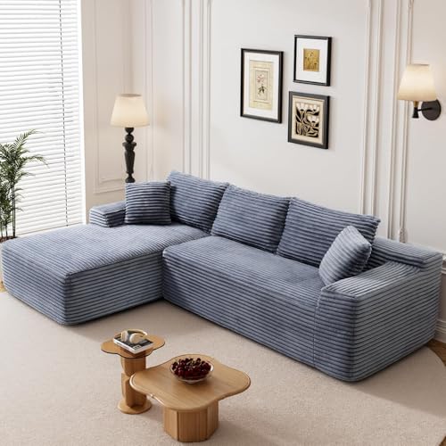Image of 95 inch L Shaped Boneless Sectional Couches, Wide Armrest, Deep Seat, Memory Foam, Assembly Free, Modern Comfy Corduroy Fluffy Cloud Sofa with Left Chaise for Living Room, Small Spaces, Grey