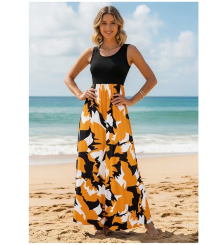 Image of Sherosa Women Boho Chevron Striped Floral Printed Summer Sleeveless Tank Long Maxi Party Dress