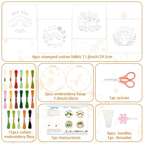 Image of BEUNITONE 4 Set Embroidery Kits for Beginners with Easy Caterpillar Pattern, DIY Craft Kits Include Instructions and 2 Embroidery Hoops, Cross Stitch Needlepoint Kits for Craft Lover and Home Decor