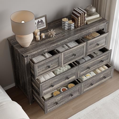 Image of BORNOON 7-Drawer Dresser, Modern Wooden Storage Chest of Drawers, Dresser TV Stand, Wood Drawer Organizer with Metal Handles for Bedroom, Living Room, Hallway