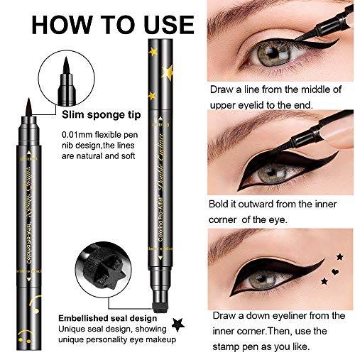 Lemonsac 4 Pcs Double-Sided Liquid Eyeliner Pencil Pen, With Eye Makeup Stamp Super Slim Gel Felt Tip, Waterproof Smudgeproof Long Lasting Eyeliner Eye Makeup Tool-Heart, Star,Moon, Flowers (4Pcs) #TOP4
