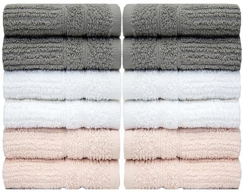 Image of PH Pleasant Home Ribbed Wash Cloths Set - 12 Pack (12 inch x 12 inch) - 509 GSM - 100% Ring Spun Cotton Wash Cloth - Super Soft and Highly Absorbent Face Towels (Light Grey, White & Pink)