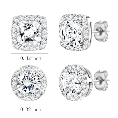 Image of NEWITIN 2 Pairs Silver Stud Earrings for Women Hypoallergenic Earring Stainless Steel Inlaid Cubic Zirconia Studs Earring Diamond Halo Stud Earrings for Women Men