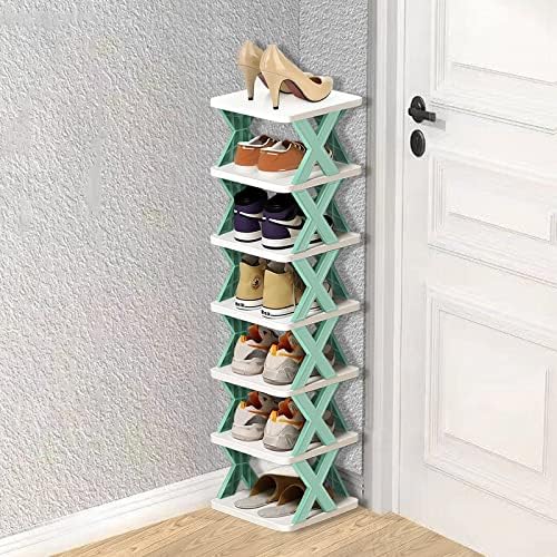 Vertical Shoes Rack,7 Tier Free Standing Shoe Rack,Skinny Shoe Rack Suit for Entryway,Corner,Small Spaces,Closet,Hallway,Storage Cabinet for Saving Space,Shoe Tower Tall and Stable,White and Green
