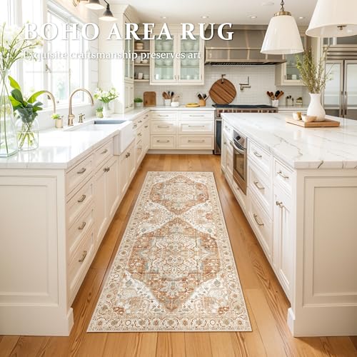 Deerly Vintage Runner Rug 2x6 Hallway Runners Boho Non-Slip Entryway Throw Rug Faux Wool Non-Slip Washable Low-Pile Floor Carpet for Indoor Front Entrance Kitchen Bathroom, Caramel/Beige/Multi
