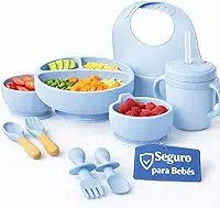 Kit Introdução Alimentar Bebê 8 Peças Silicone Premium Macio e Seguro para Gengivas Sensíveis, Material Resistente, não absorve odores, Menos Bagunça e Mais Autonomia, Prato Com Ventosa
