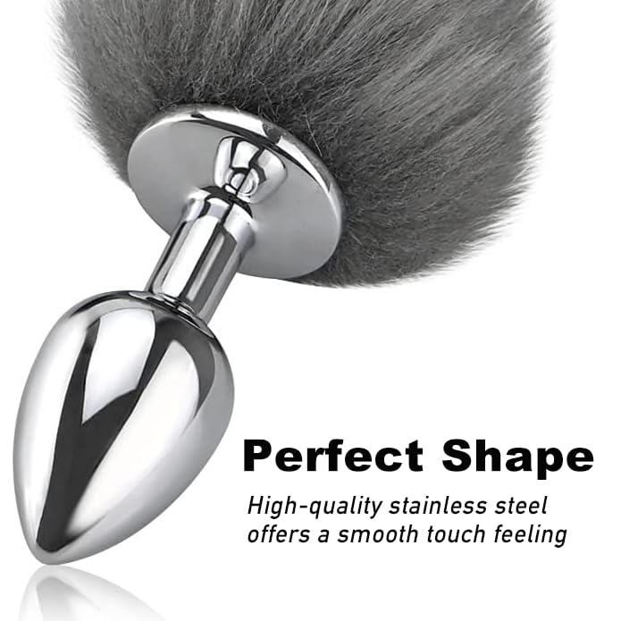 Tail Plug Anal Butt Plug, Butt Plug Faux Fur Tail Anal Sex Toys Buttplug Wolf Tail Toys Stainless Steel But Plug Butt Toys Sex Toys for Women Cosplay Adult Sex Toys for Women Men Couple (Grey)