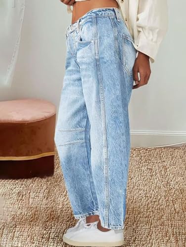 Flamingals Wide Leg Jeans for Women Mid Waist Barrel Jeans Crop Jeans Baggy Jeans Causal Denim Pants Light Blue M2
