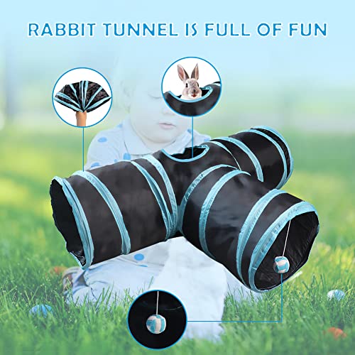 NANEEZOO Bunny Tunnel 3-Wege-Falttunnel für Kaninchenversteck, Kleintier-Aktivitätsrohr, Spielzeug für Zwergkaninchen, Meerschweinchen, Chinchilla, Frettchen und Kätzchen (Blau)