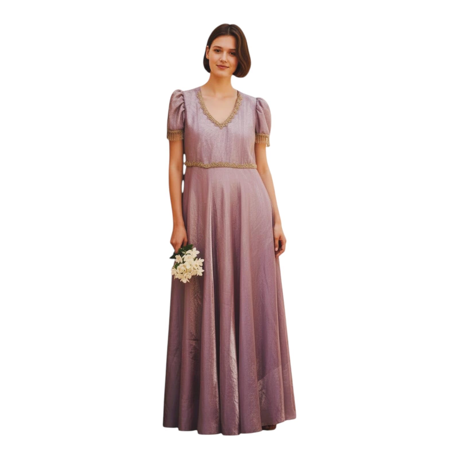 Women's Soft Silk Blend Maxi Gown with Aari Work and Puff Sleeves (Lavender)-picture-13