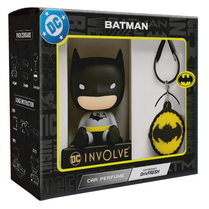 Image of Involve DC Batman Bobblehead Fiber Car Perfume with Batman Keychain | Action Figure Bobblehead | OFFICIAL DC MERCHANDISE Limited Edition for Car Dashboard idol & Office Desk | Dashboard Figurine