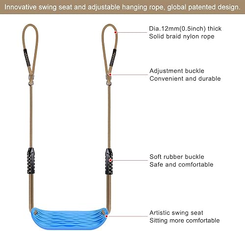 Miniatura 5 de SELEWARE Asiento de columpio de plástico antideslizante, juego de columpio de árbol resistente con cuerda ajustable y mosquetones para niños y