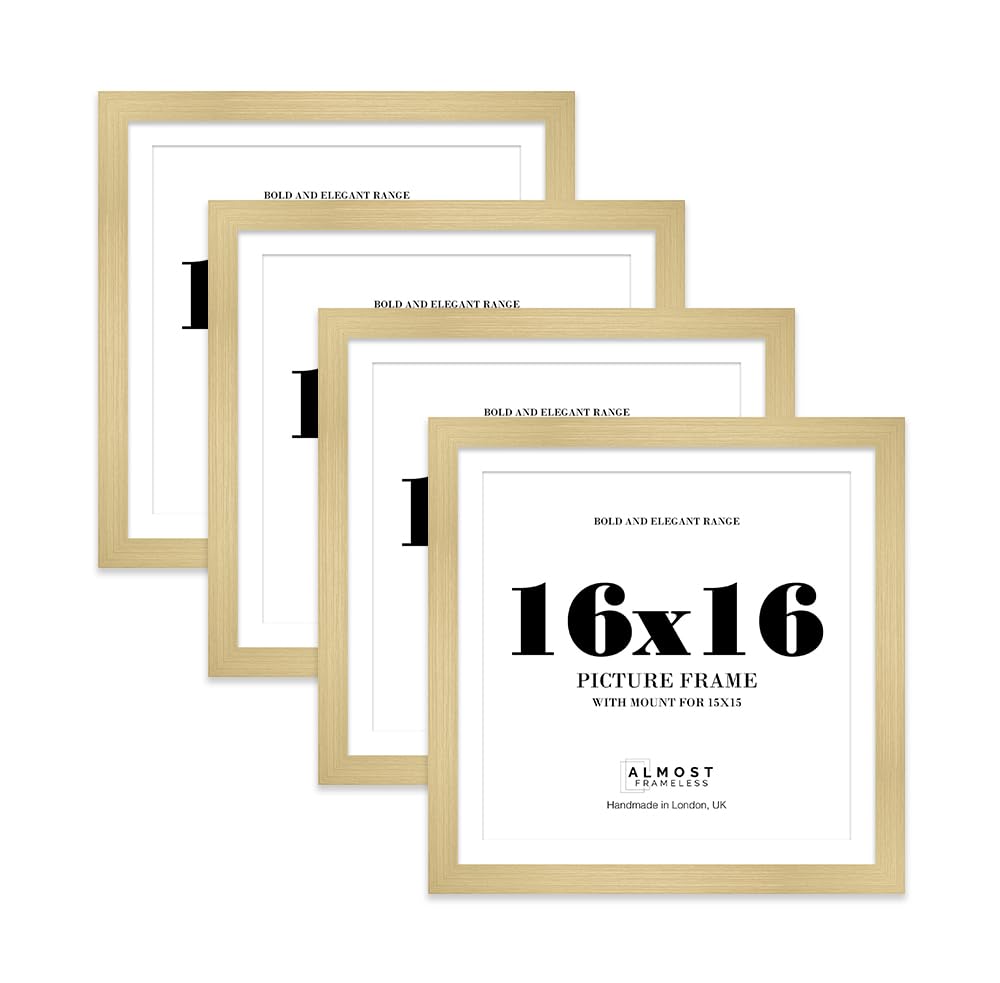 16x16" Gold Square Frame With Mount for 15x15" Pictures 28mm Edge Frame Display with Wall Hooks, 4 Pack