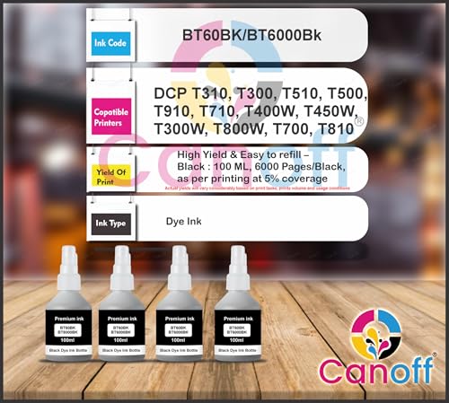 Image of CANOFF BT6000BK Black Refill Ink Bottle (100ml) | High Yield Compatible Ink for DCP-T310,T300,T510,T500,T910,T710,T400W,T450W,T300W,T800W,T700,T810 Ink Tank Printers (BT6000BK /BT60BK Black 4pc.)