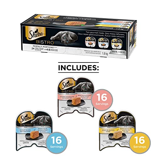 SHEBA Bistro Perfect PORTIONS Cat Food Wet Adult, Paté Gourmet Salmon & Chicken, Savoury Salmon & Tuna and Signature Seafood Entrée Variety Pack, (24) 75g Trays by Sheba - Image 2