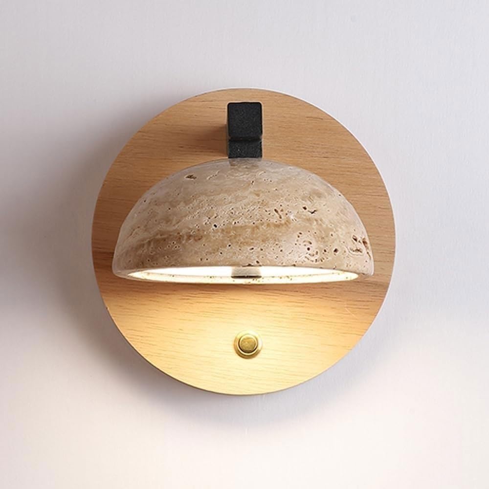 JISHUBO 5.9 Inch Minimalist Round Wood Wall Light, Vintage Farmhouse Style Wall Lamp, LED Light Source Natural Yellow Travertine Lampshade Wall Sconce, Restaurant Bedroom Wall Mounted Light Fixtures