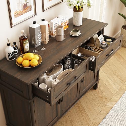Image of ONBRILL 55 Inch Buffet Cabinet with Storage, Farmhouse Sideboard Buffet w /2 Drawers and 3 Doors, Wood Coffee Bar Cabinet with Adjustable Shelves, Sideboard Storage for Kitchen, Living Room, Brown