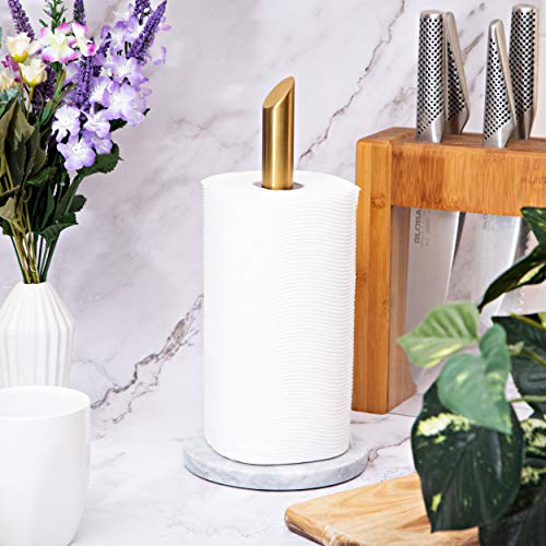 ROOMOXIE Marble paper towel holder stand angled golden steel rod with natural white marble base, paper towel holder countertop 13 inch - heavy duty weighted paper towel holder - Thumbnail 3