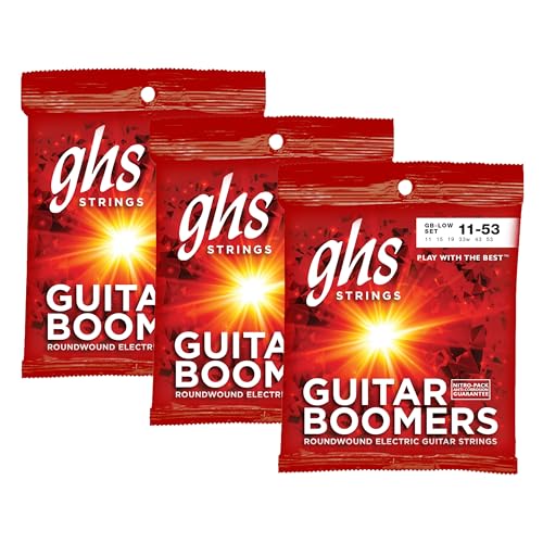 Image of GHS Strings, GB-LOW Boomers, Nickel Plated Steel Electric Guitar Strings, Legendary Strength, Intonation, Unrivaled Sustain, Brightness & Tone, Wound 3rd String, LOW-TUNED Gauge-11-53, 3 SETS