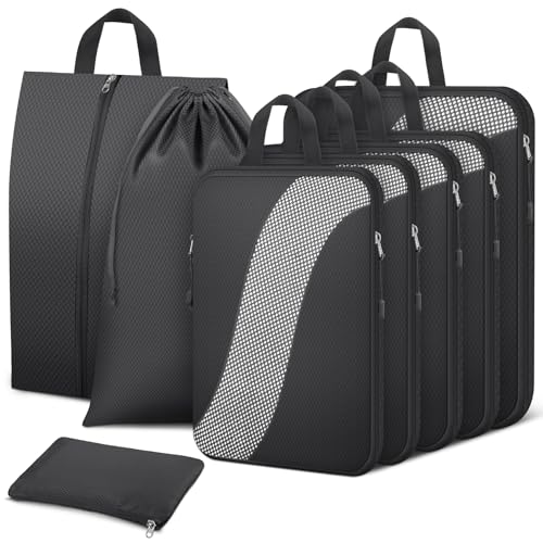 8 Set Compression Packing Cubes, Travel Packing Cubes for Carry On Suitacases, Luggage, Suitcase Organizer with Shoe & Laundry Bags, Packing Cubes for Travel Essentials, Black
