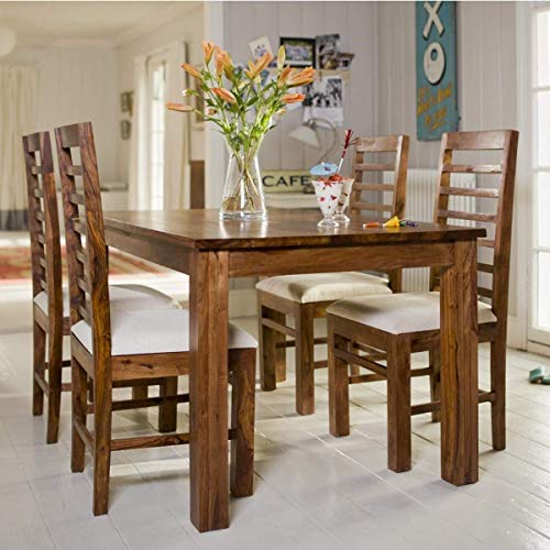 Image of SHRI MINTU'S ART Solid Sheesham Wood Dining Table 4 Seater | Four Seater Dinning Table with 4 Chairs for Home | Chairs with Cushion | Dining Room Sets for Kitchen & Restaurants | Rosewood, Brown