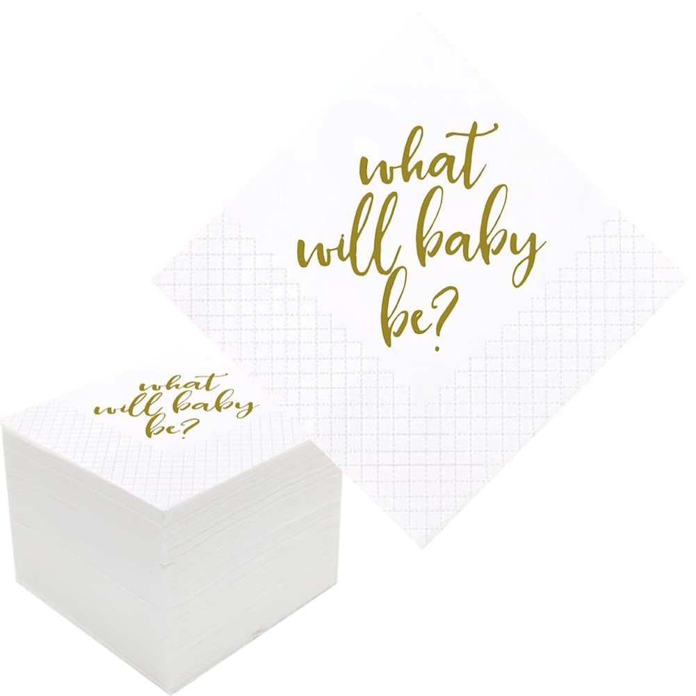 Geloar Gender Reveal Napkins, 100 Pack Gold What Will Baby Be Disposable Paper Cocktail Napkins in Bulk for Baby Shower Baby Welcome Gender Reveal