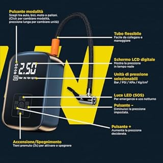 Daimann Compressore Aria Portatile Wireless - Mini Gonfiatore Elettrico Digitale per Auto, Moto, Bici e Palloni - Torcia LED e Spegnimento Automatico - Pompa Portatile Multifunzione con Display LCD