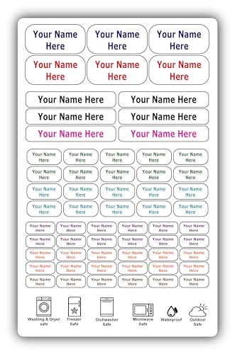 62 Personalized Waterproof Name Labels. Press and Stick Multi use Custom Name Labels. Highly Durable Customized Name Stickers with Permanent Self Adhesive. Great for School, Daycare or Camp.