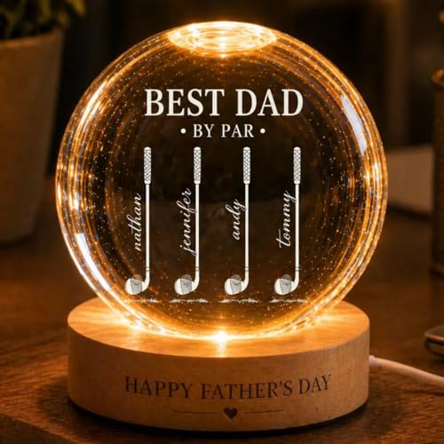 Image of Custom Golf Dad Crystal Ball Night Light, Best Dad By Par Gift, Fathers Day Lamp for Daddy, Custom Golfer Gift with Kids Names, Daddy Keepsake Gift