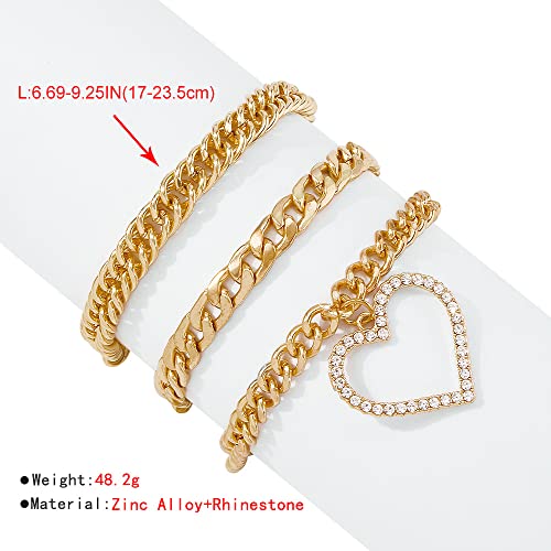 Jwicos Chunky Bracelet Love Heart Bracelet Gold With Rhinestone Bangle For Women And Girls Chain Cuban Link Bracelet Charm Accessories For Teen Girls Set Of 3 #TOP5