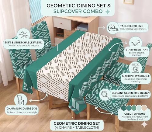 Image of Styleys Dining Chair Cover with Table Covers for Kitchen Waterproof Dining Table Cloth (1 Table Cover + 4 Chair Cover, Green Abstract, K732)