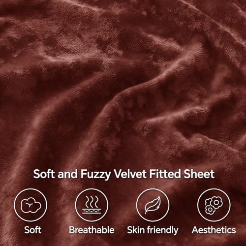 Image of BEDELITE Velvet Fitted Sheet and Pillowcase Set 3Pcs, Full, Burgundy | Double-Sided Plush Bottom Sheet, Luxuriously Soft & Warm, 360 Elastic & Corner Straps, 15 Inch Deep Pocket, Machine Washable