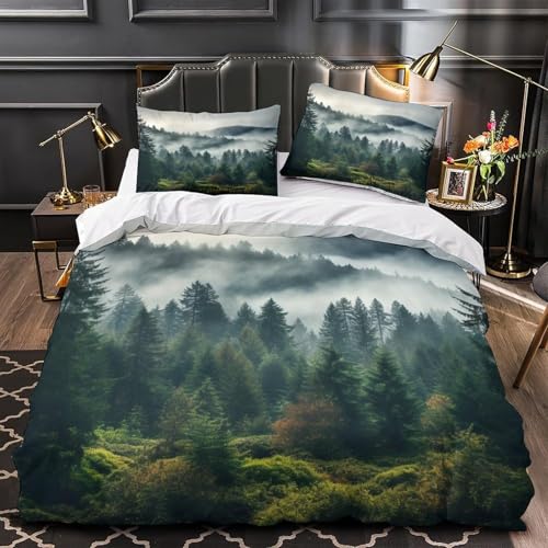 Funda Nórdica Cama 135/150 Bosque Verde Impresión 3D Microfibra Suave Ropa de Cama Paisajes Naturales Funda Edredon 220x240 cm con Cremallera y 2 Fundas de Almohada 50x75 cm i.3341