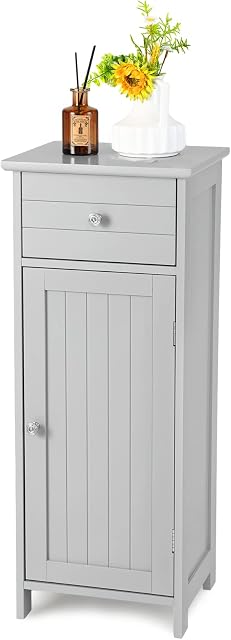 Multigot Bathroom Floor Cabinet, Wood Storage Cupboard with Drawer, Adjustable Shelf & Magnetic Door, Freestanding Toilet Organizer Unit for Bedroom Living Room Entryway (Grey,3-Position Adjustable)