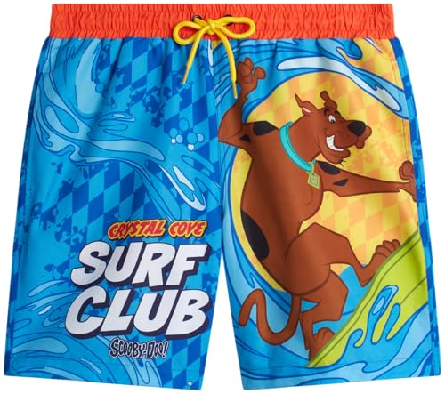 COCO BRANDS Scooby-Doo Mens Swim Trunks with Mesh Lining Elastic Waistband Drawstring & Side Pockets/Board Shorts Size Medium Blue Scooby Surfing Print