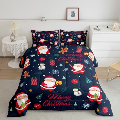 Feelyou Santa Claus Comforter Set Twin Size Kids Merry Christmas Comforter for Boys Teens Xmas Snowman Decor Bedding Set Breathable Navy Blue Red Duvet Set Room Decor Quilt Set