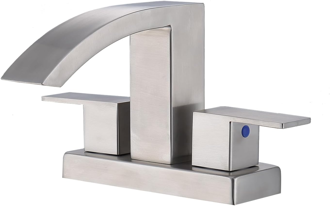 Brushed Nickel Waterfall Bathroom Sink Faucet - 4 Inch 2/3 Hole Centerset Lavatory Faucet with 2 Supply Hoses, Deck Mount Plate, 2-Handle Mixer Tap SUS304 Stainless Steel