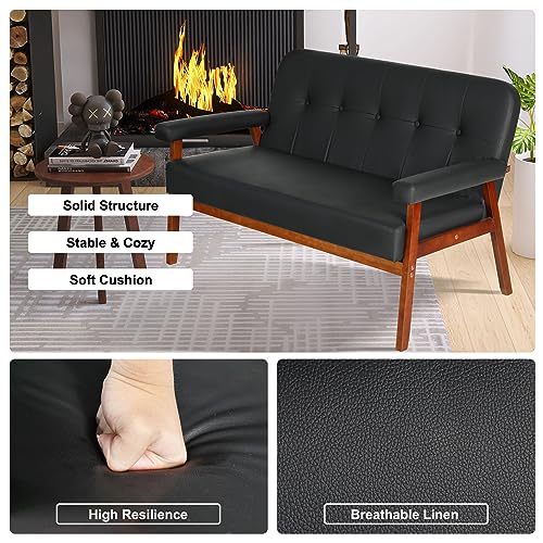 Image of STHOUYN 50 inchW Black Faux Leather Office Couches Loveseat Sofa with Wood Arms, Mid Century Modern Love Seat Sofas Couch Lounge Armchair Living Room